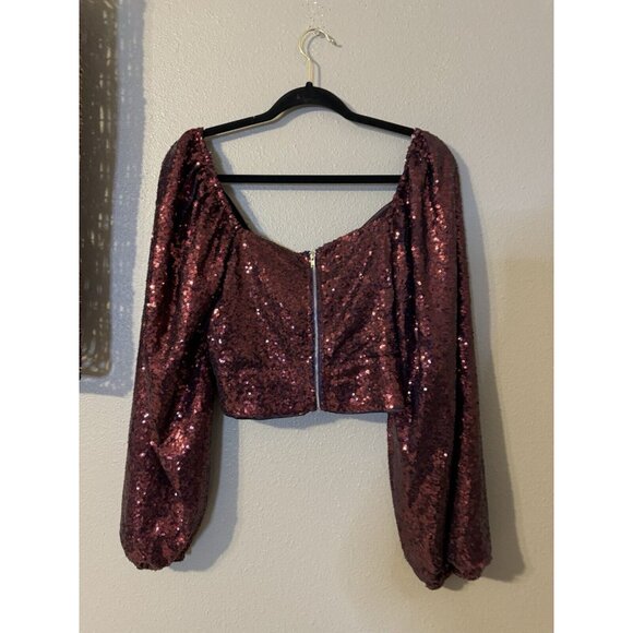 Lulus Purple Wine Sequined Long Puff Sleeve Cropped Top M Medium NEW - Picture 15 of 16